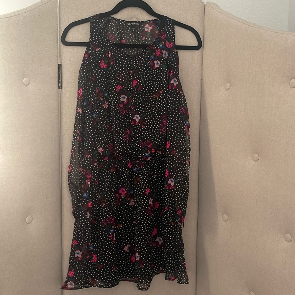 Express Black & Pink Polka Dot Floral Long Sleeve V Neck Elastic Waist Dress XS